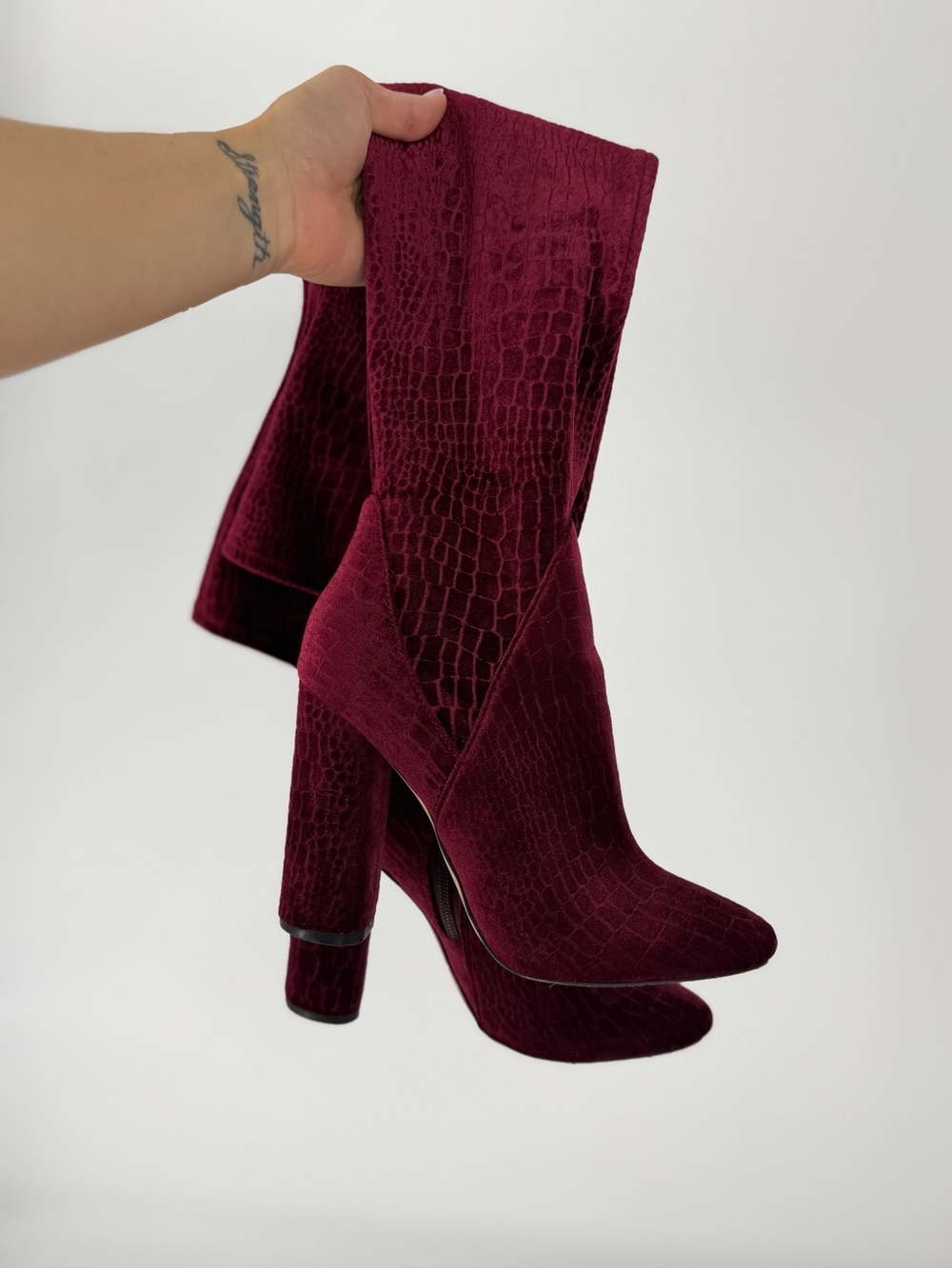 Aldo, Tenesha Croc-Embossed Red Velvet Over The Knee Boots, Size 7.5
